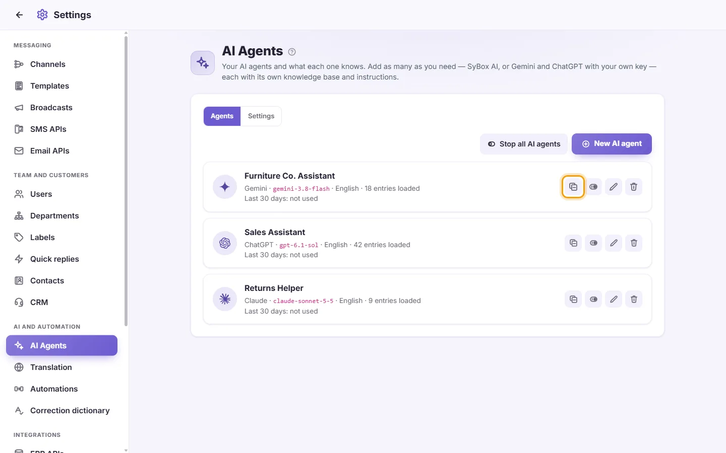 Settings, AI Agents: "Duplicate" (the copy icon) on an agent's card