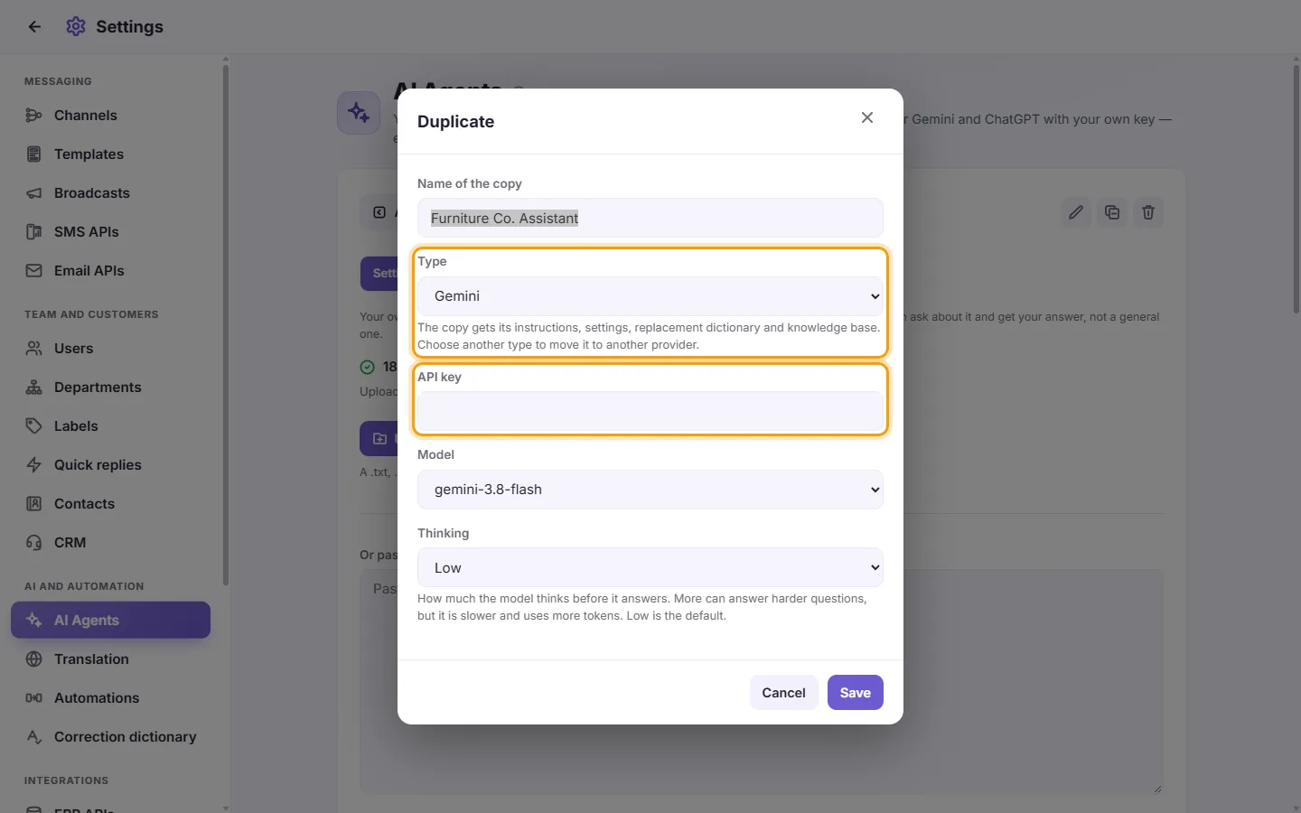 The Duplicate dialog: the copy's type and which key it uses