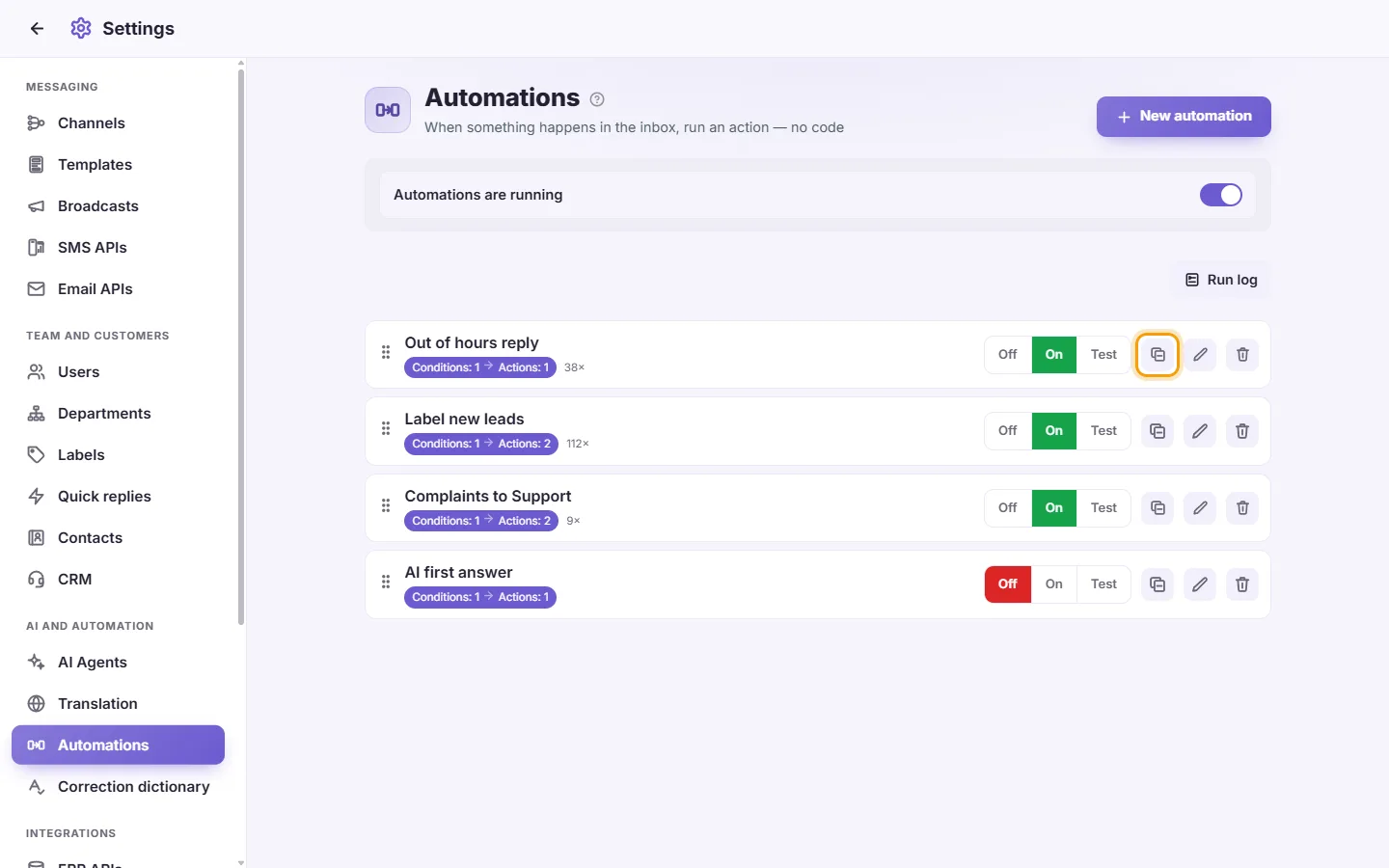Settings, Automations: "Duplicate" (the copy icon) on an automation's row