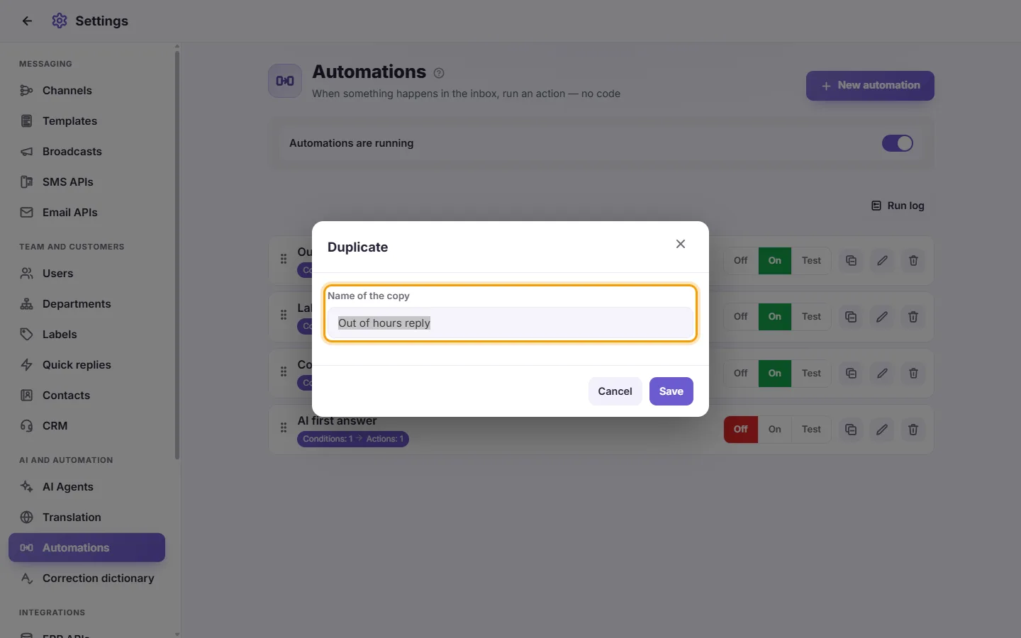 The Duplicate window: "Name of the copy"