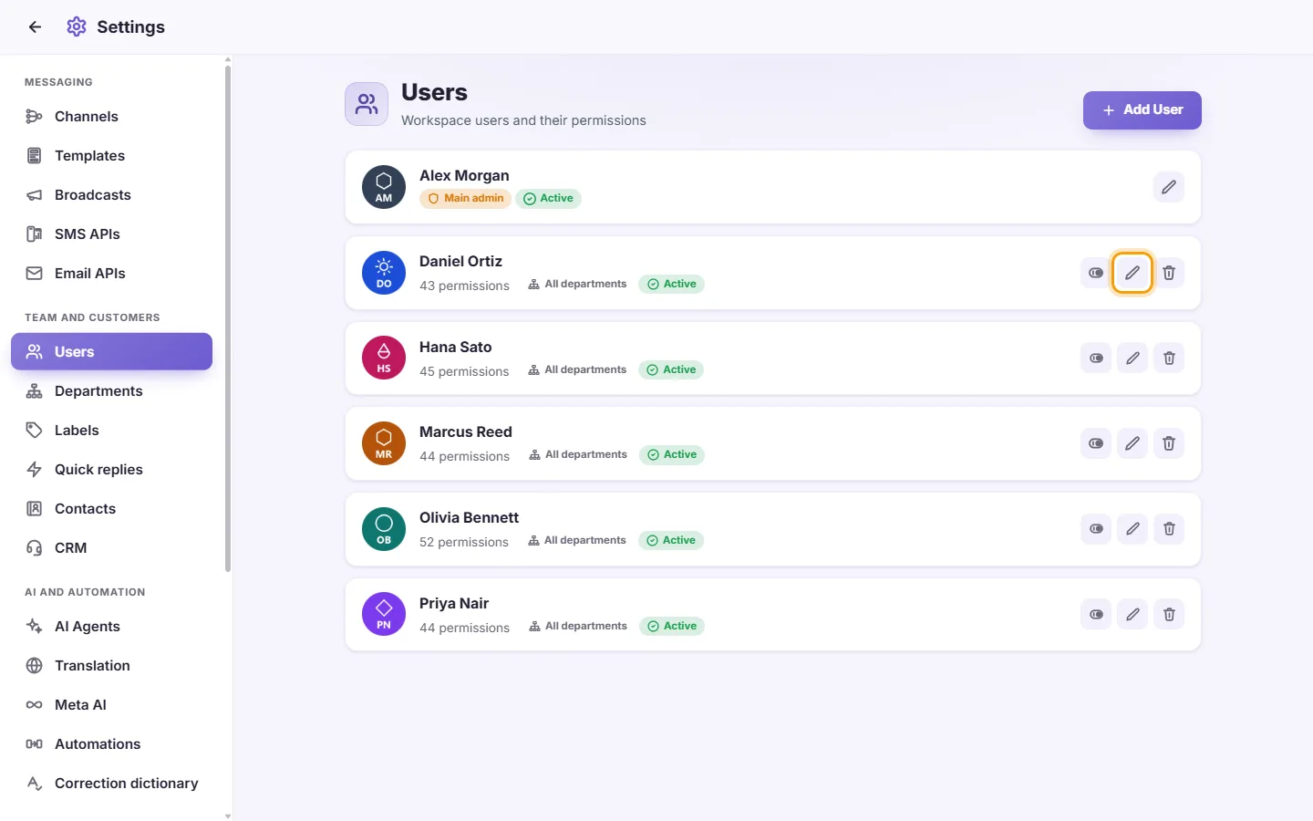Settings, Users: the Edit button (the pen) on a user's card