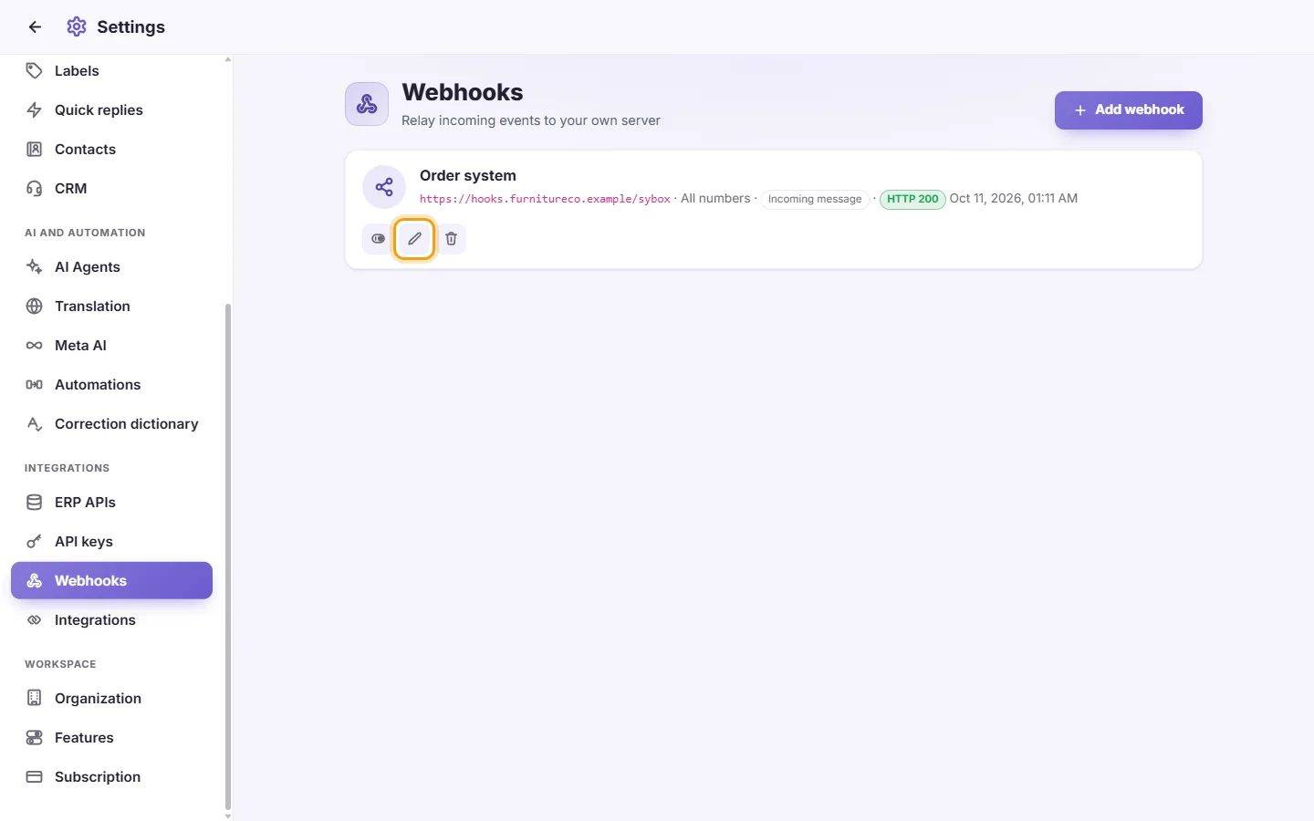 To edit, pause or delete a webhook: "Edit" marked on the screen in SyBox