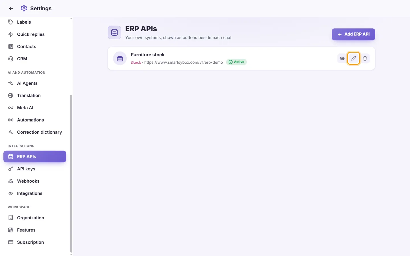 To edit, pause or delete an ERP API: "Edit" marked on the screen in SyBox