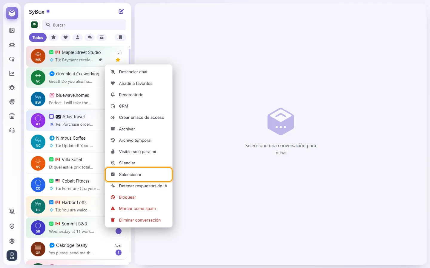 A conversation's menu in the list: "Select" starts choosing several conversations