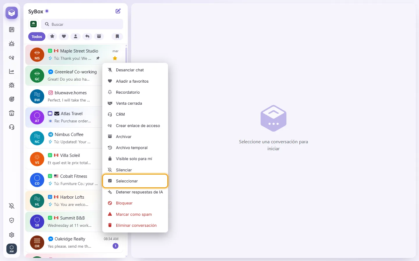 A conversation's menu in the list: "Select" starts choosing several conversations