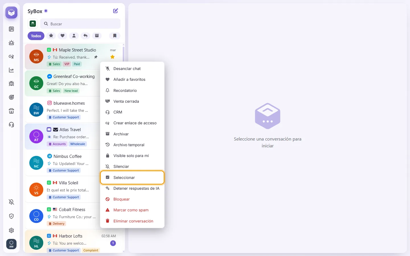 A conversation's menu in the list: "Select" starts choosing several conversations