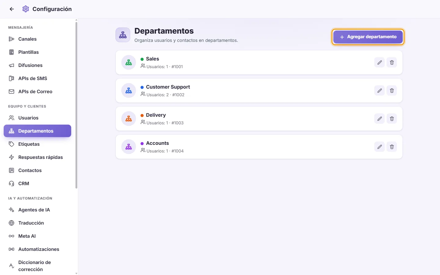 Settings, Departments: Sales, Customer Support, Delivery and Accounts, and the "Add department" button