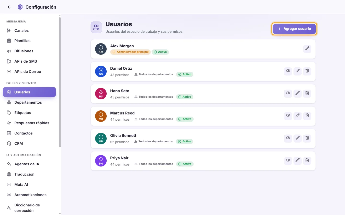 Settings, Users: the team with their departments, and the "Add user" button