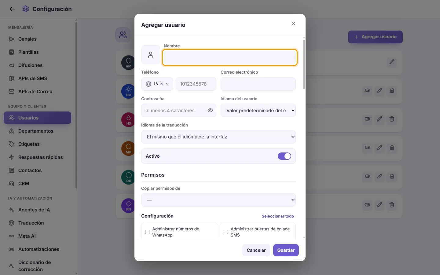 The new user window: the name first, then the sign-in details and what the user may do