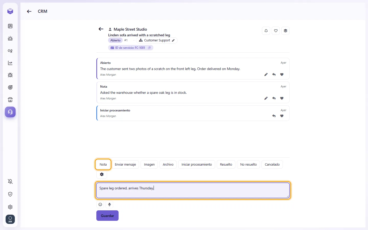 An open case: "Note" and the Description box, then Save