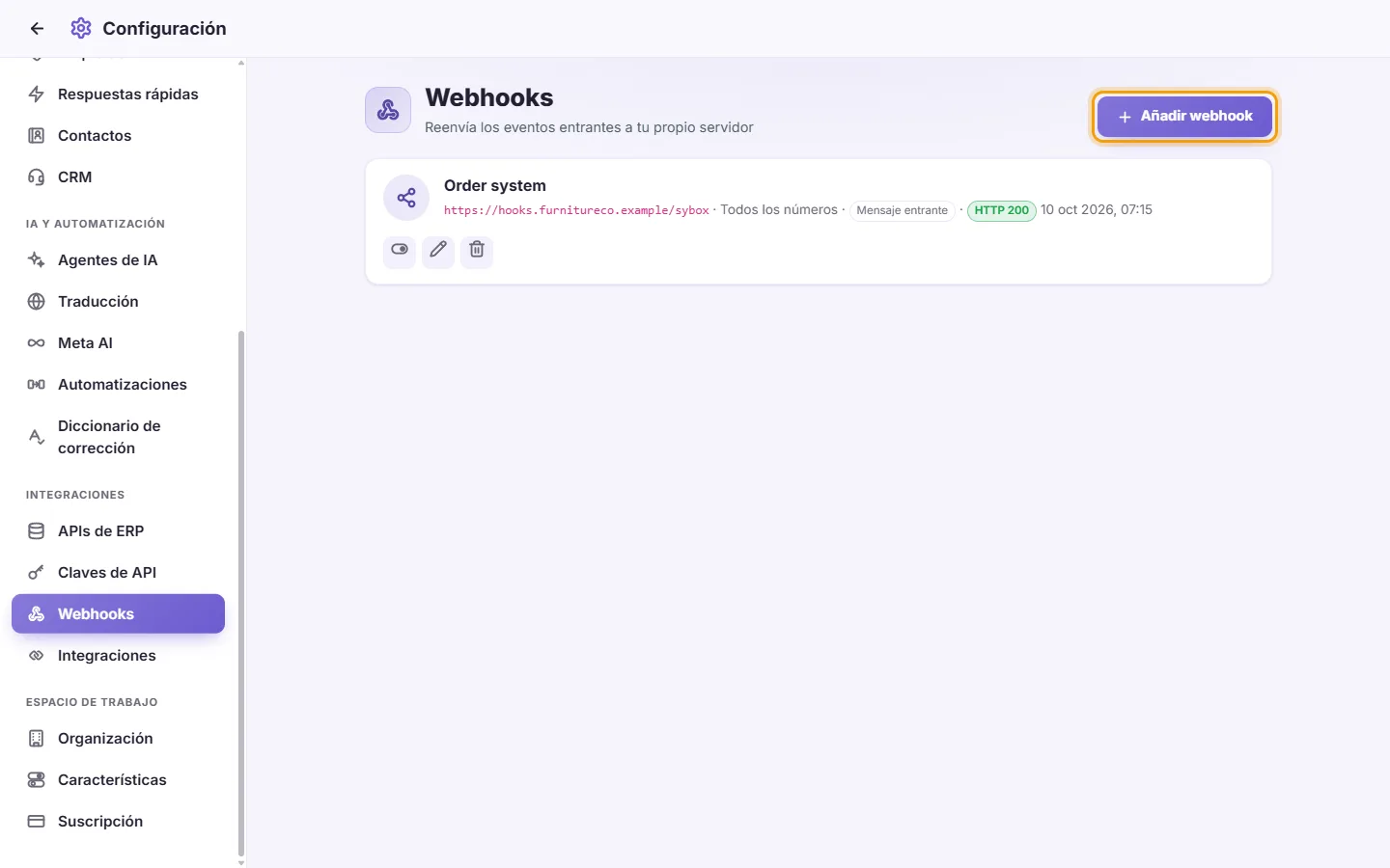 Settings, Webhooks: an active webhook with its last result, and the "Add webhook" button