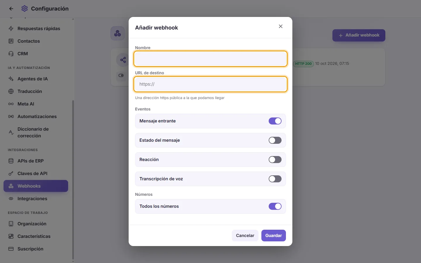 The new webhook window: its name and the address it calls