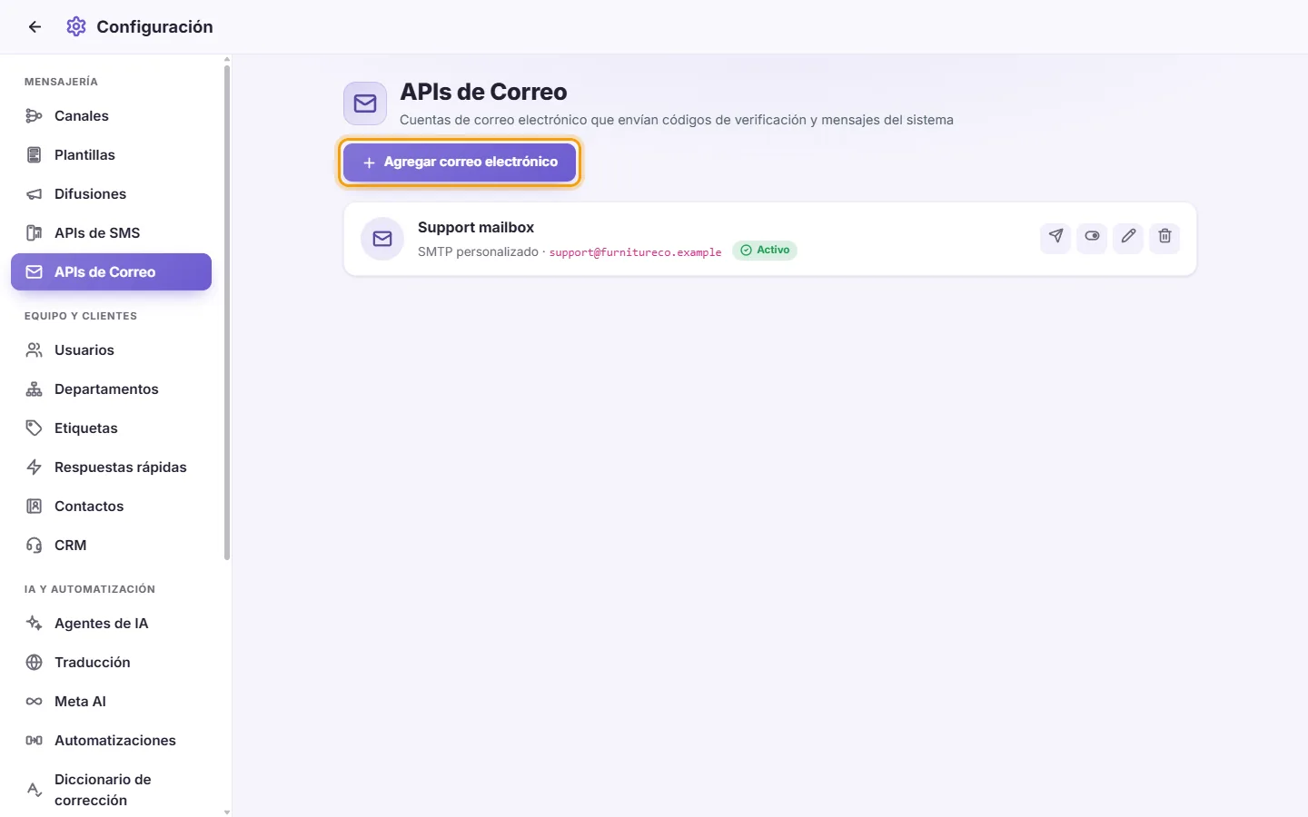 Settings, Email APIs: a connected mailbox and the "Add email" button