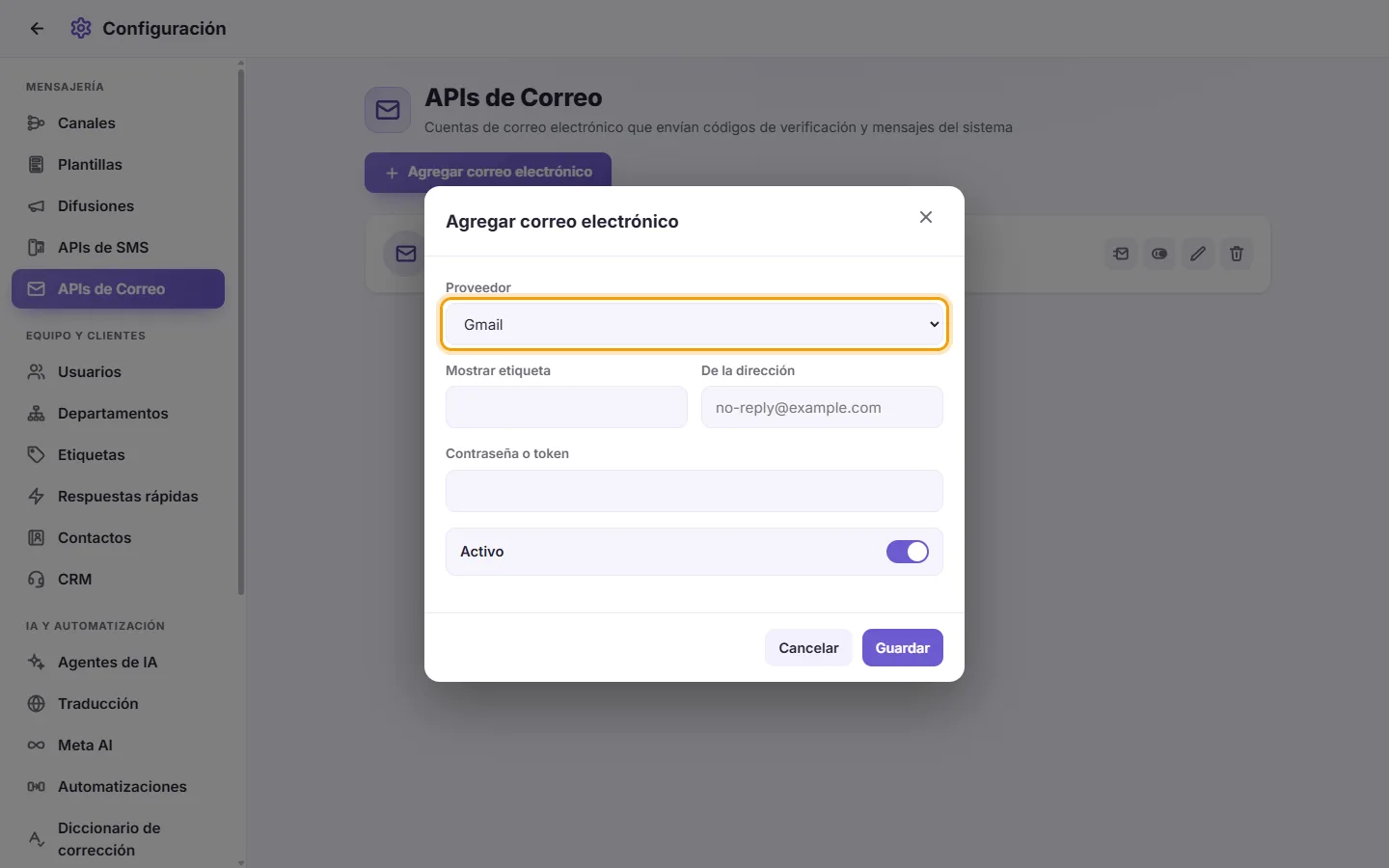 The new email account window: pick the provider first, then the address (and the server, for a custom provider)