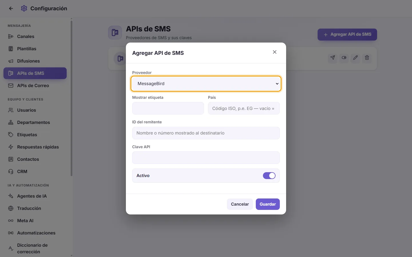 The new SMS gateway window: the provider first, then the country, keys and sender