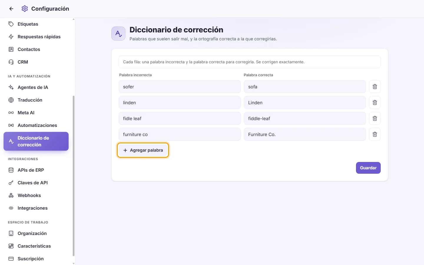 Settings, Correction dictionary: the wrong words and their corrections, and the "Add word" button