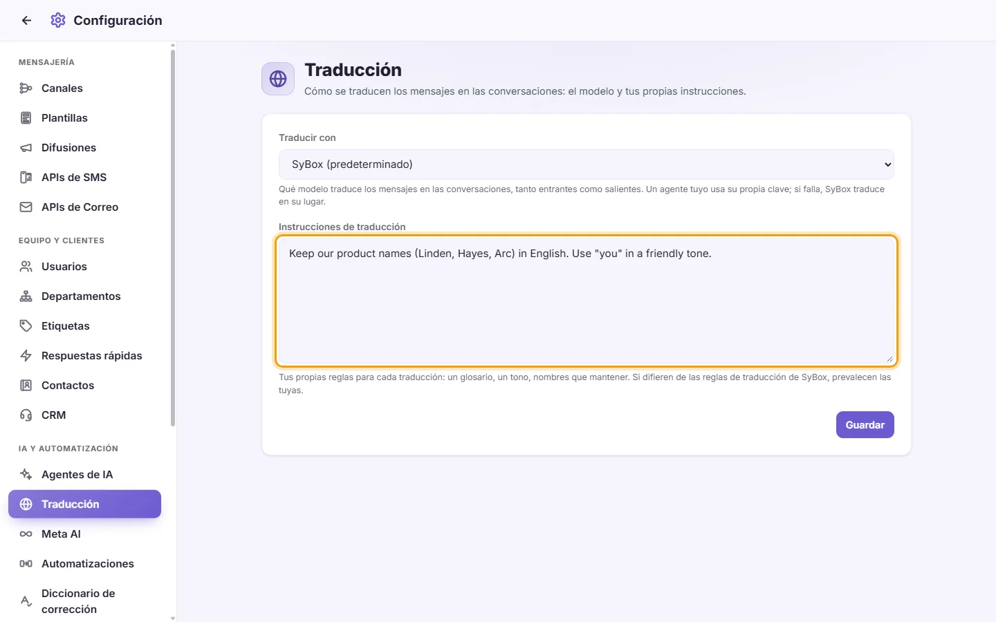 Settings, Translation: the "Translation instructions" box with an example rule