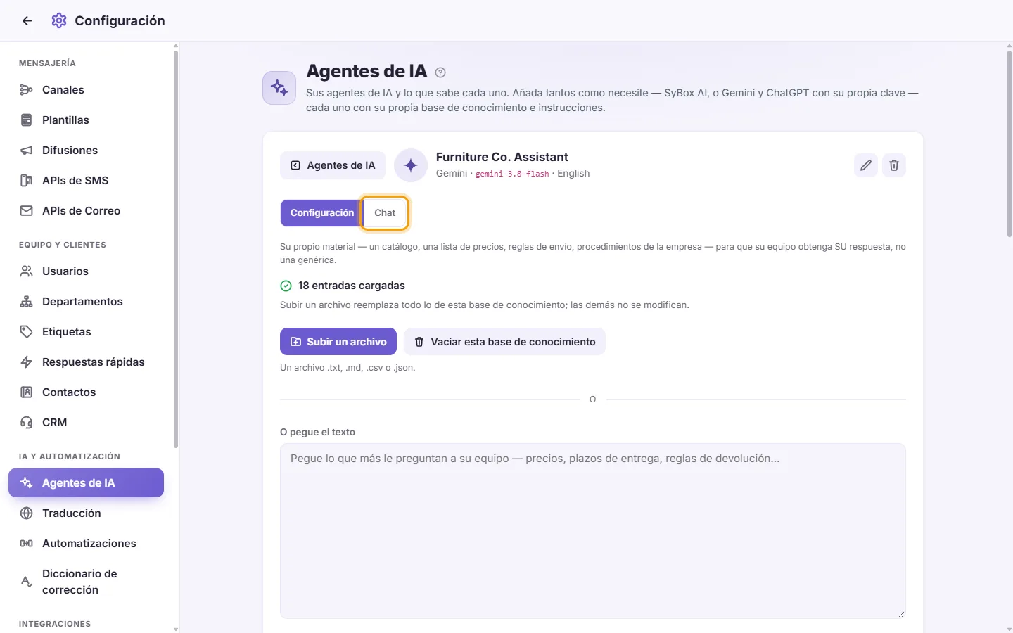 An agent's page: its "Chat" tab beside "Settings"