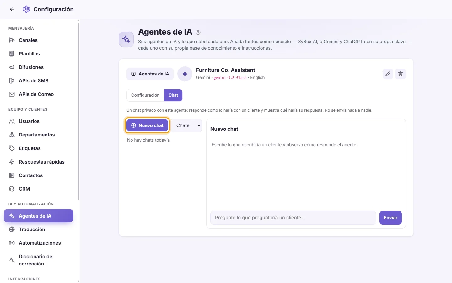 The agent's Chat: "New chat" and the list of your chats with it