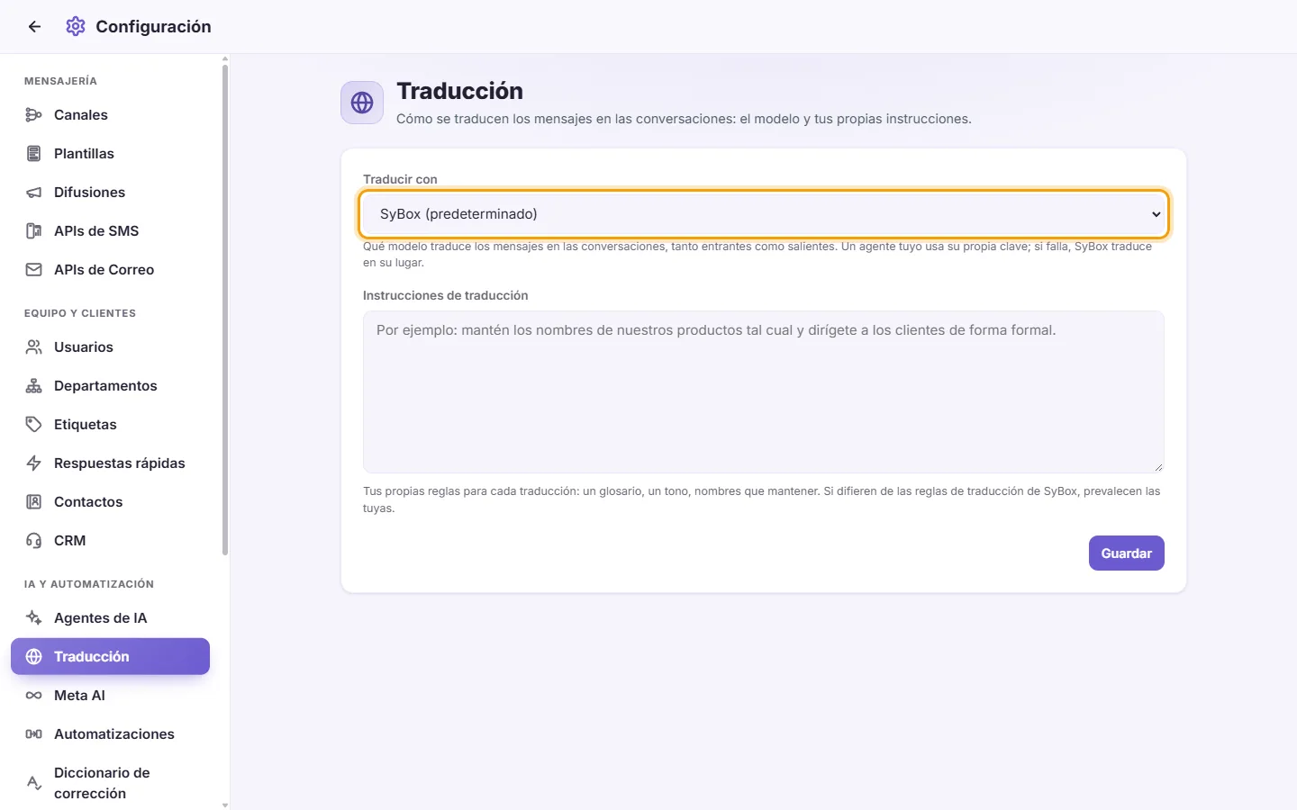 Settings, Translation: "Translate with" chooses who translates the messages