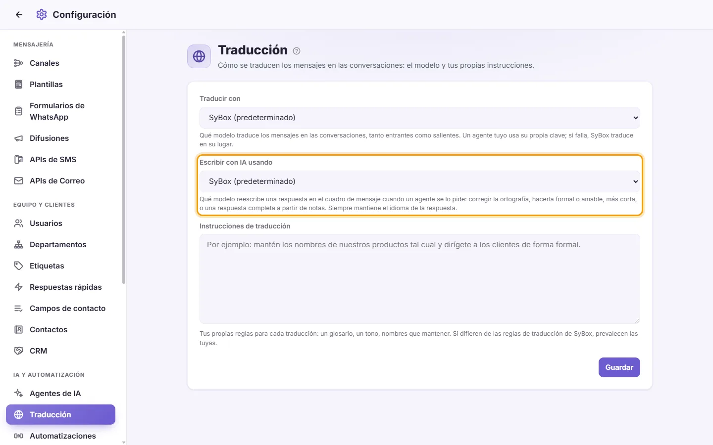 Translation settings: "Write with AI using"