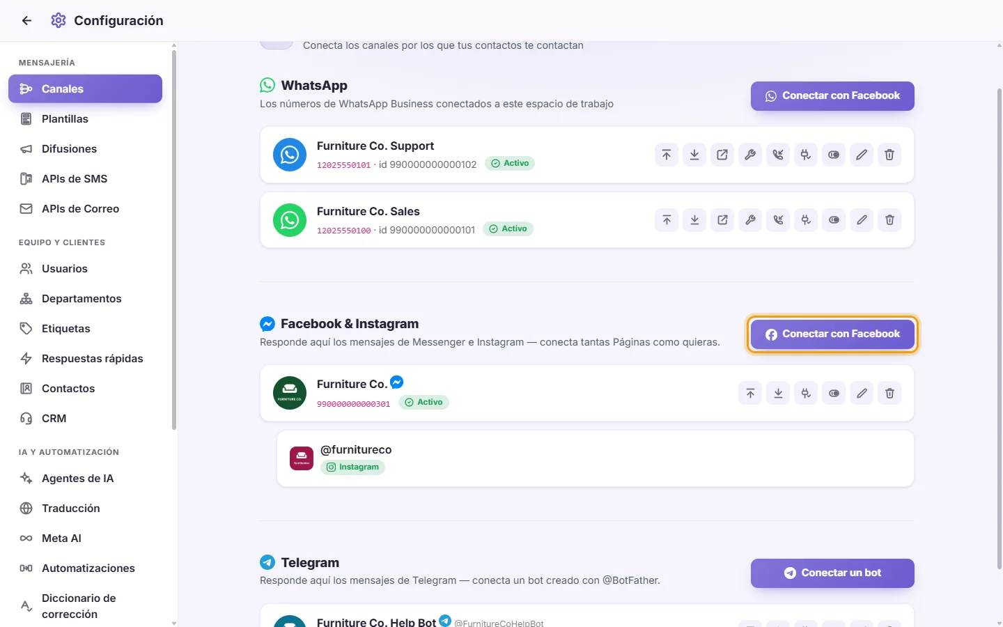Settings, Channels: the Facebook & Instagram part, a connected Page with its Instagram account under it
