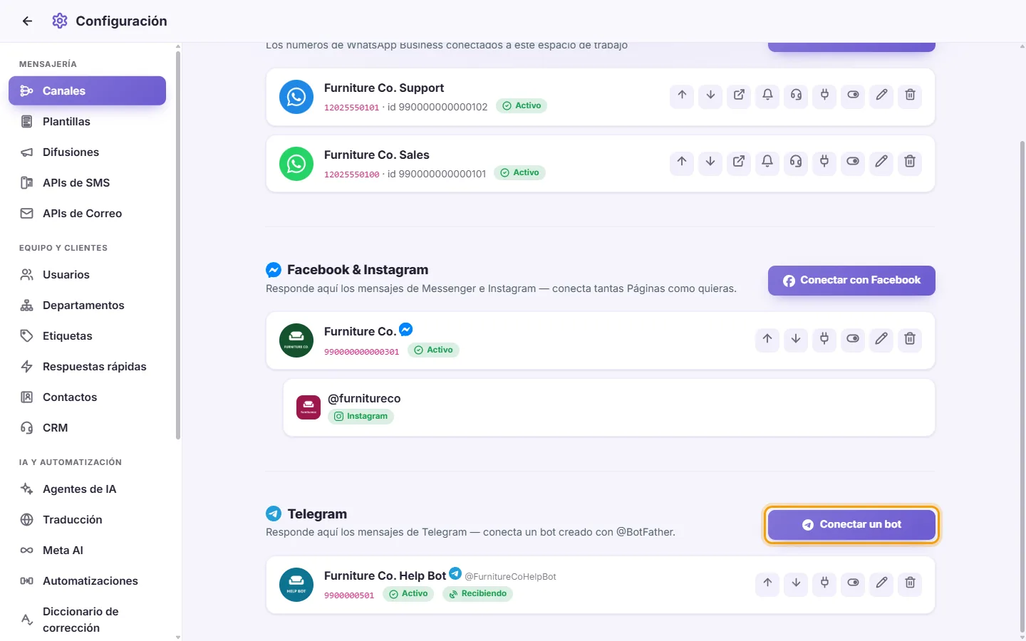 Settings, Channels: the Telegram part with its "Connect a bot" button and a connected bot