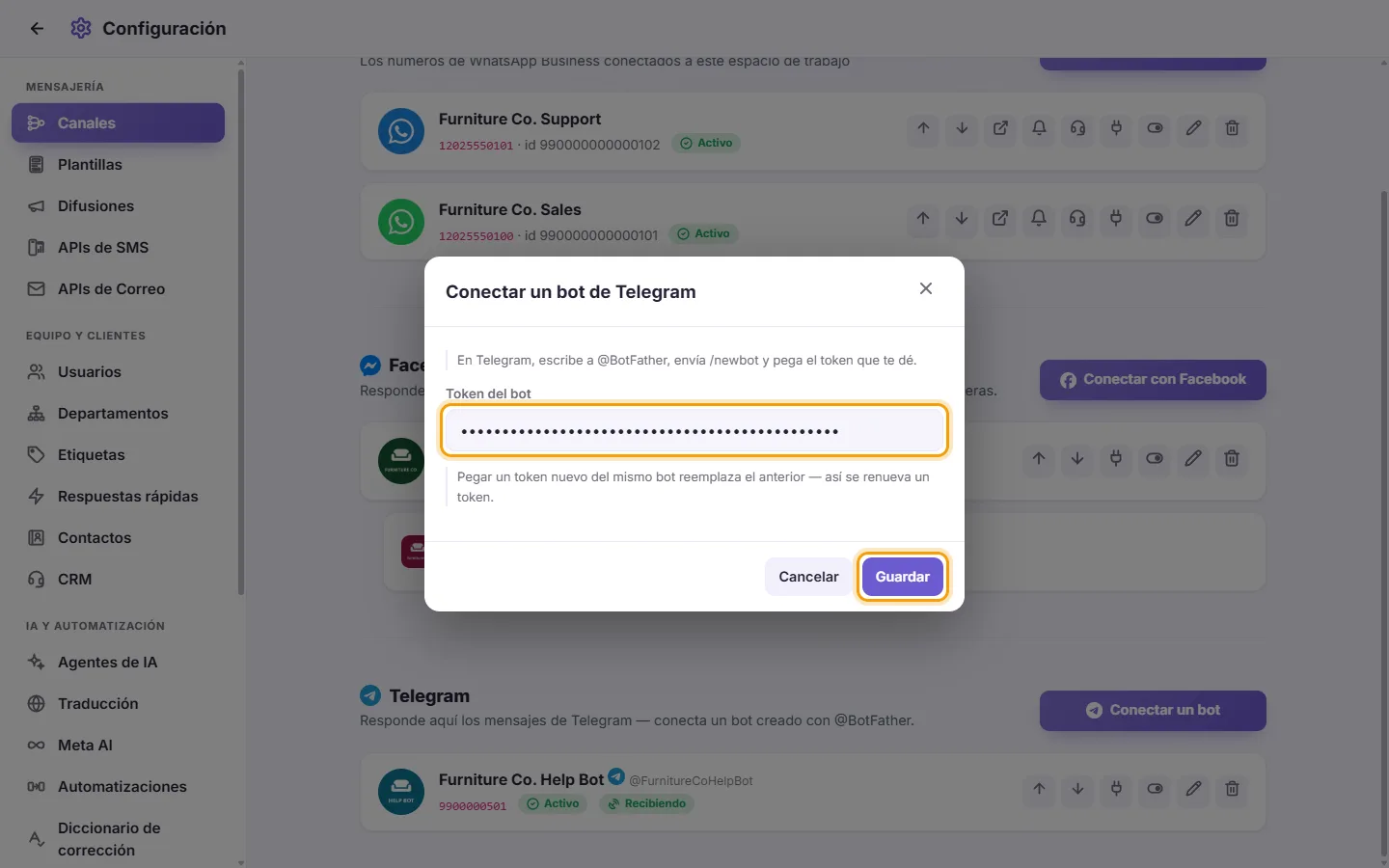 The "Connect a Telegram bot" window: the Bot token field with an example token, and the Save button