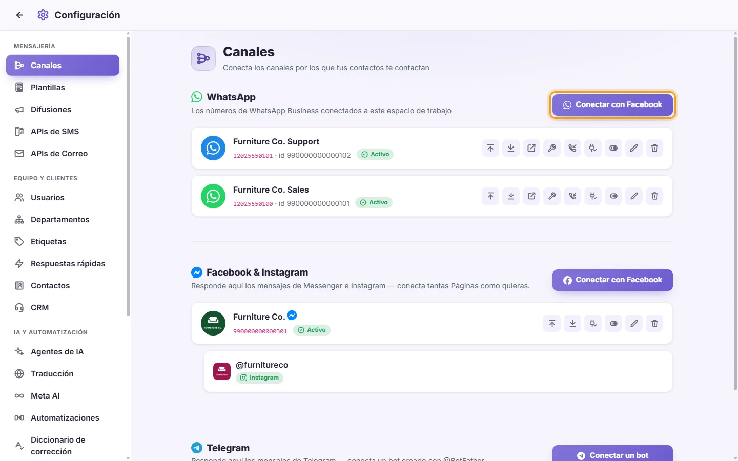 Settings, Channels: the WhatsApp part with its "Connect with Facebook" button and two connected numbers