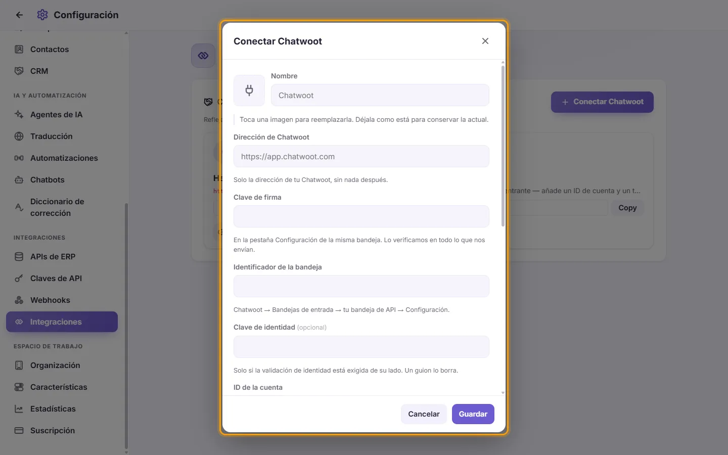 Connect Chatwoot: the address, the signing secret, the inbox identifier, the account ID and the administrator token, then the numbers