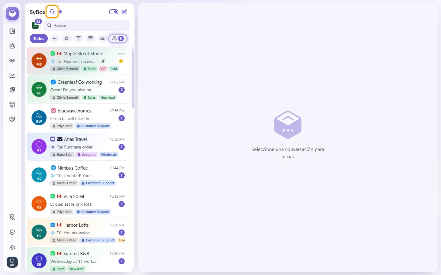 "Contact support": the headset after the workspace's name, above the conversation list