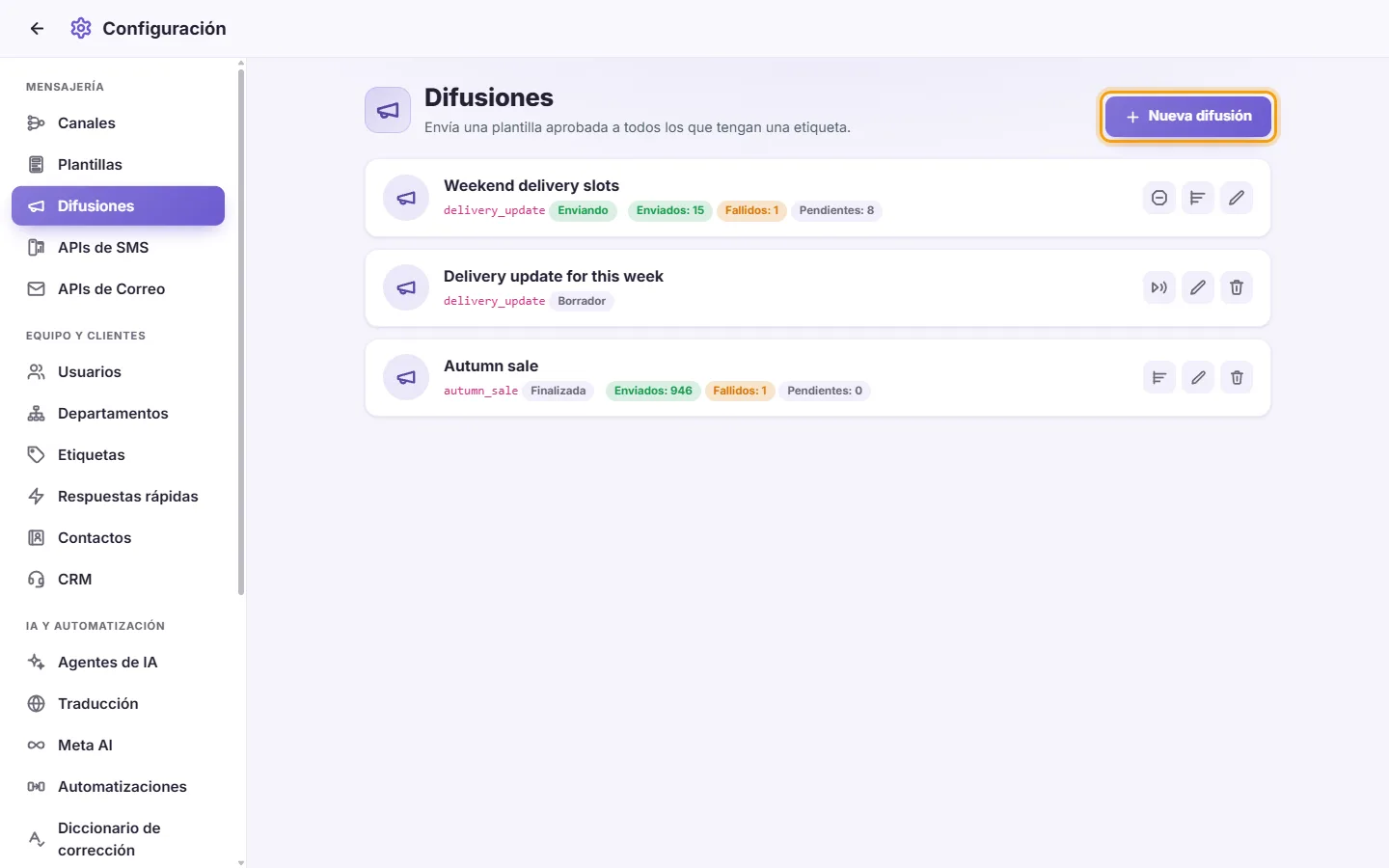 Settings, Broadcasts: one sending, a draft and a finished one, and the "New broadcast" button