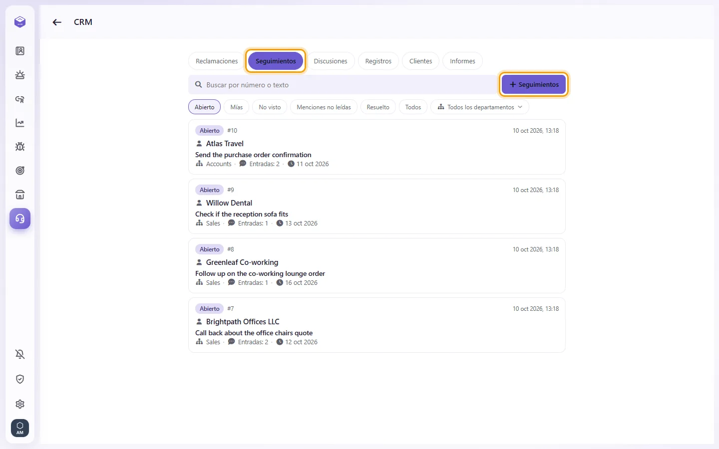 CRM, Follow-ups: the open follow-ups and the "+" button that adds one