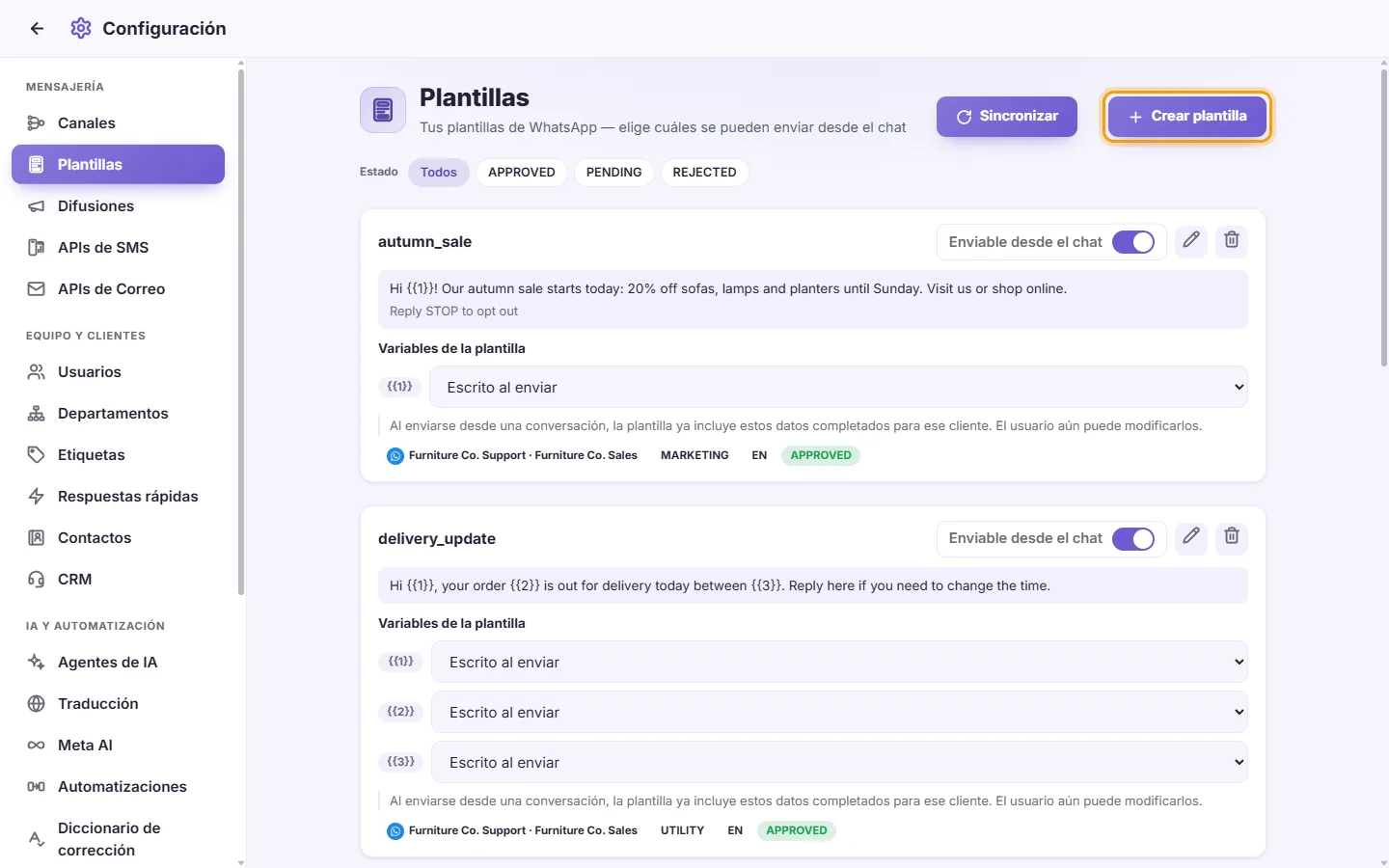 Settings, Templates: the template cards, the filters for their status, and the "Create template" button