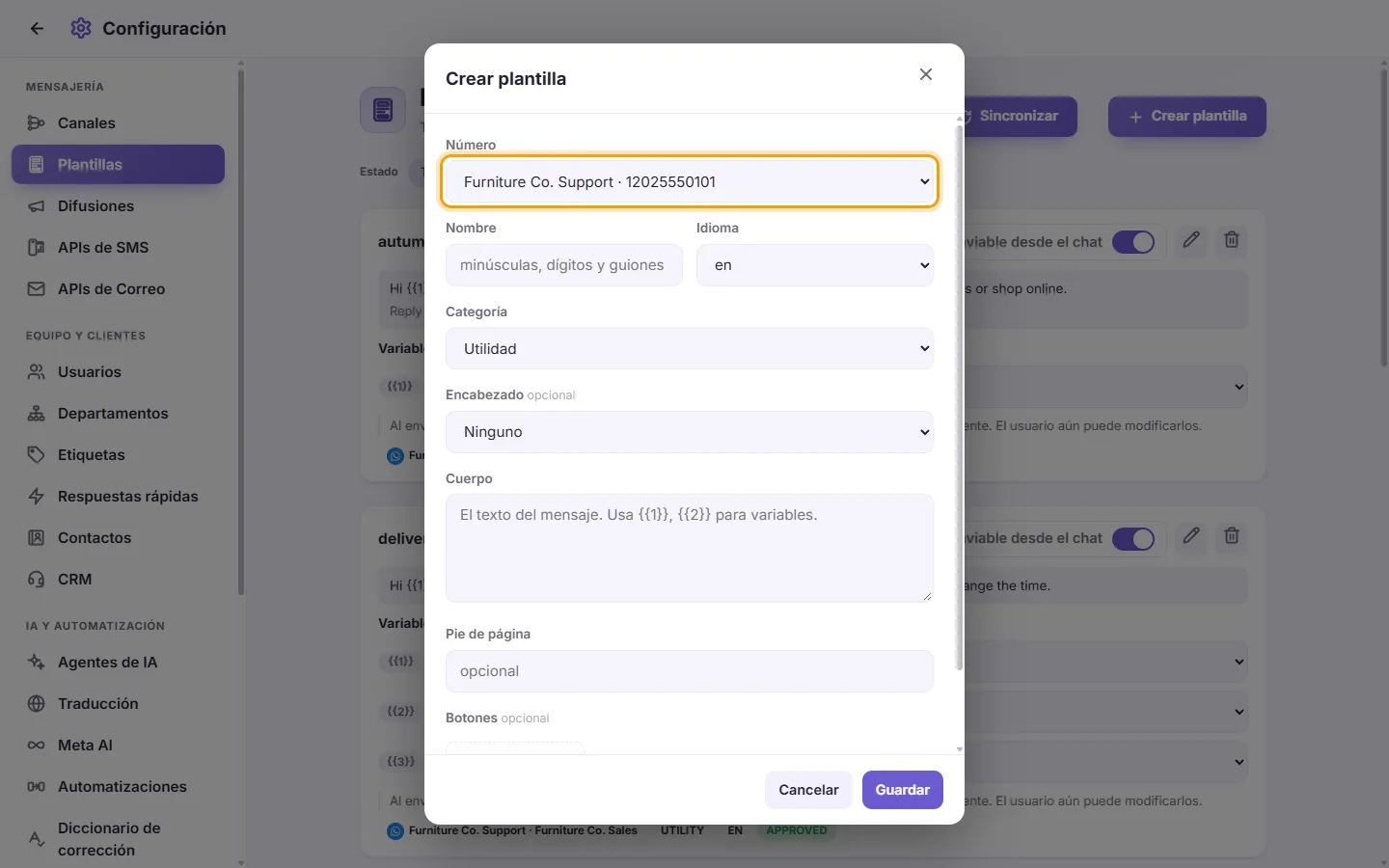 The new template form: the number it belongs to first, then its name, category, language and content