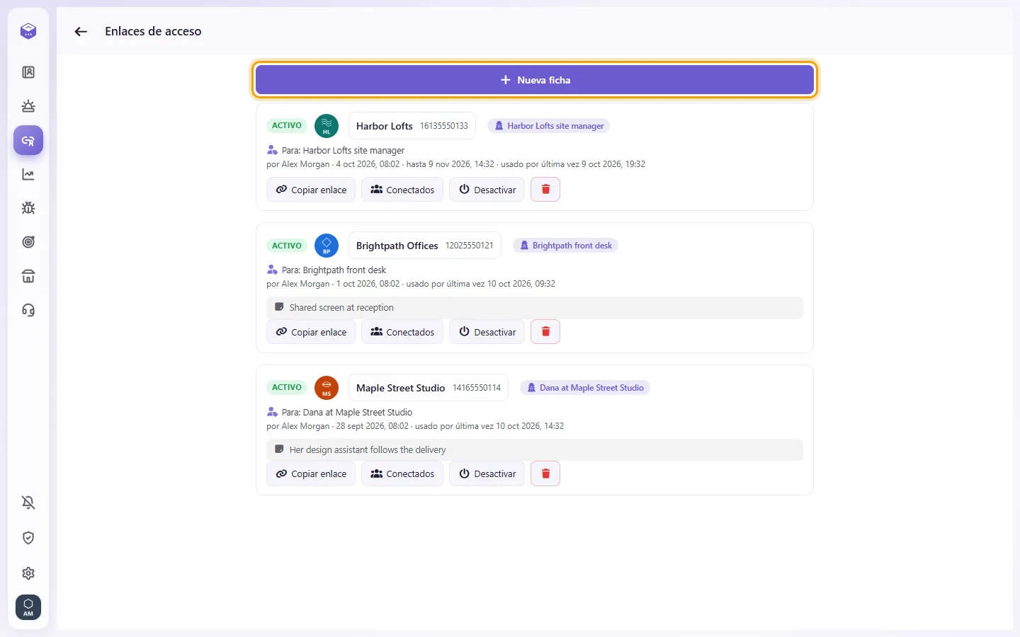 Access links: the links already shared and the "New token" button