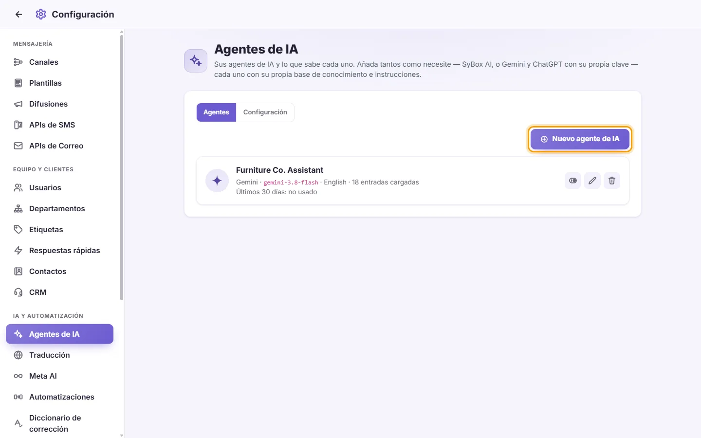Settings, AI Agents: the agents already made and the "New AI agent" button