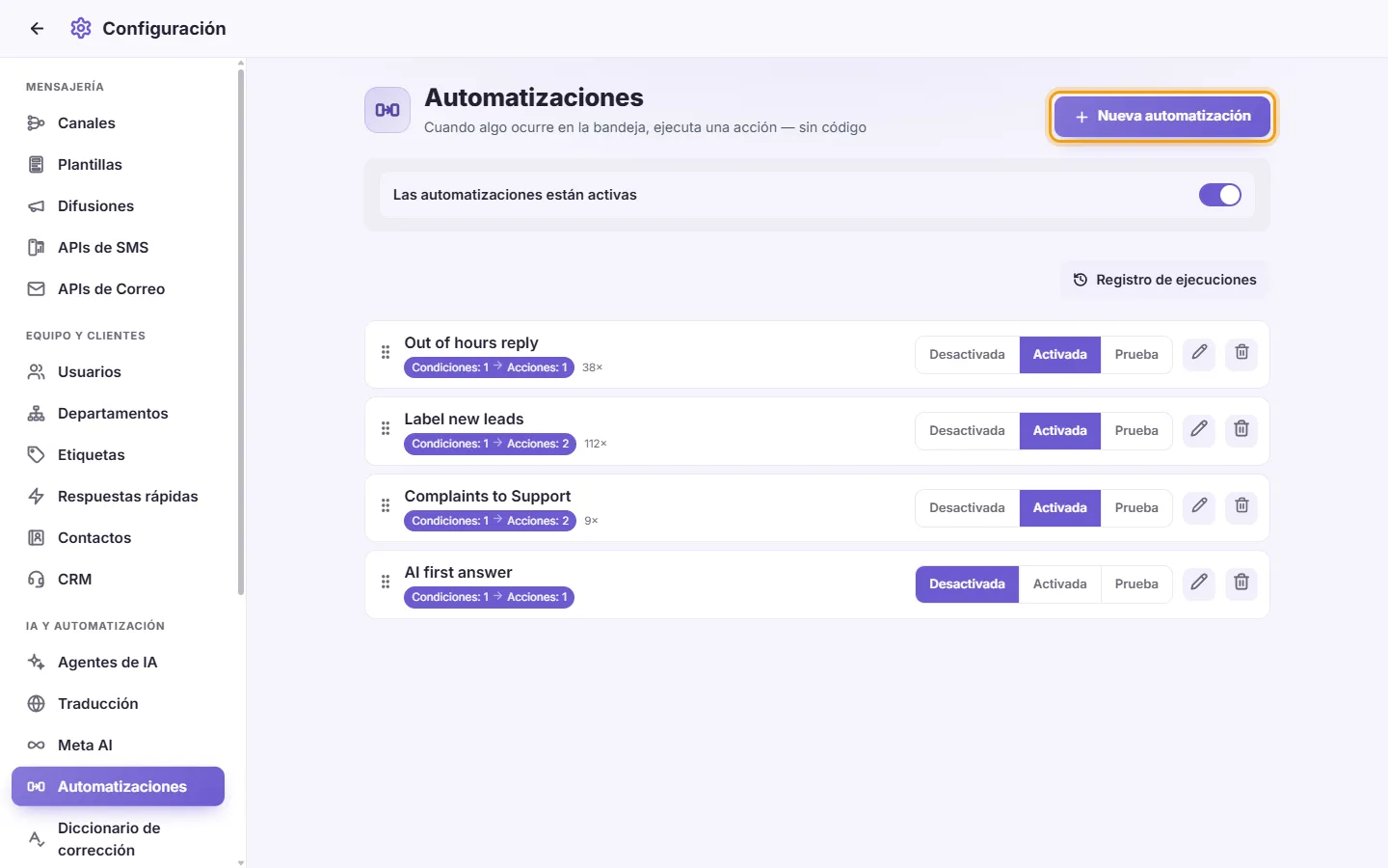 Settings, Automations: rules that run on their own, with their runs, and the "New automation" button