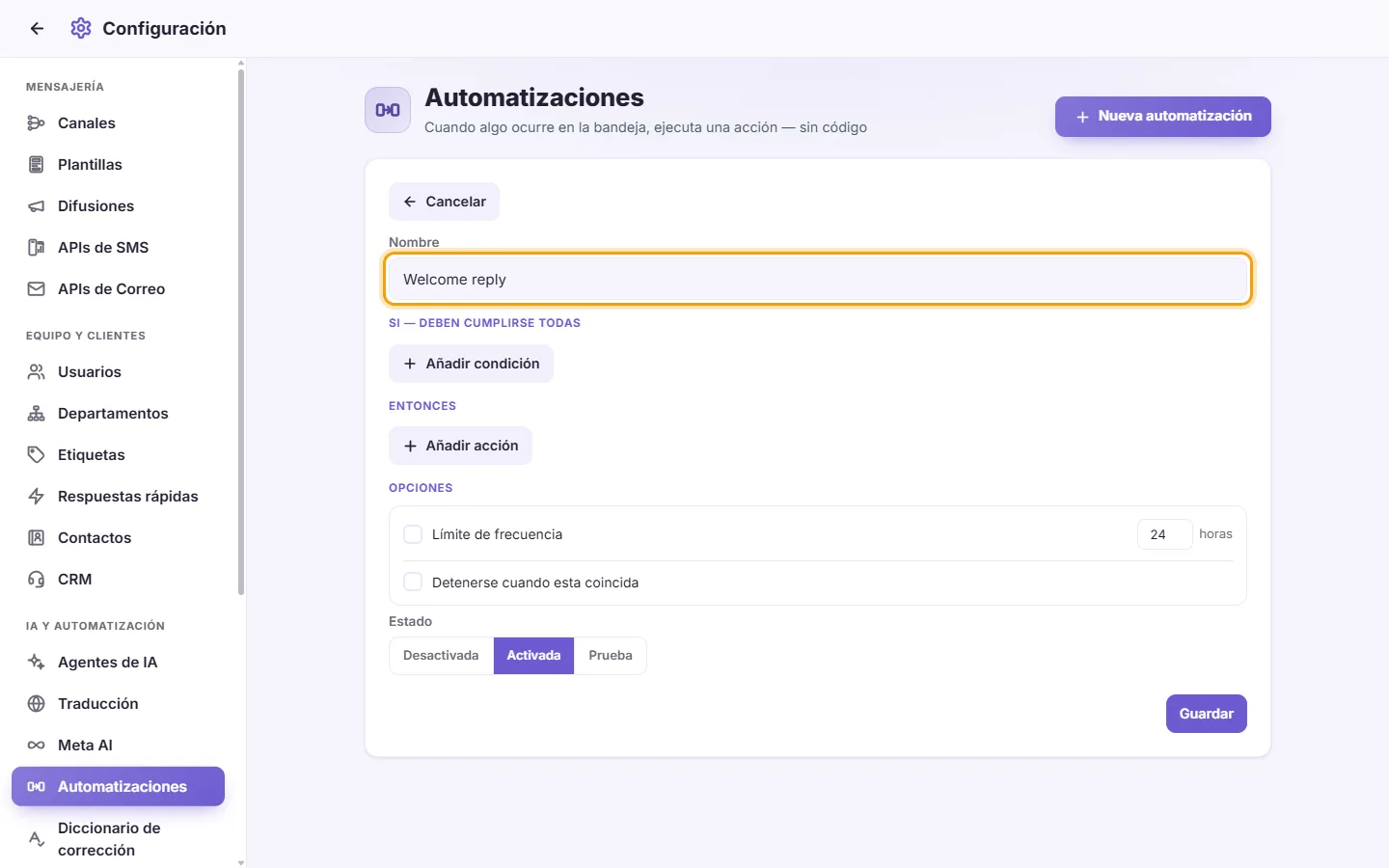 The new automation: its name first ("Welcome reply"), then when it runs, its conditions and its actions