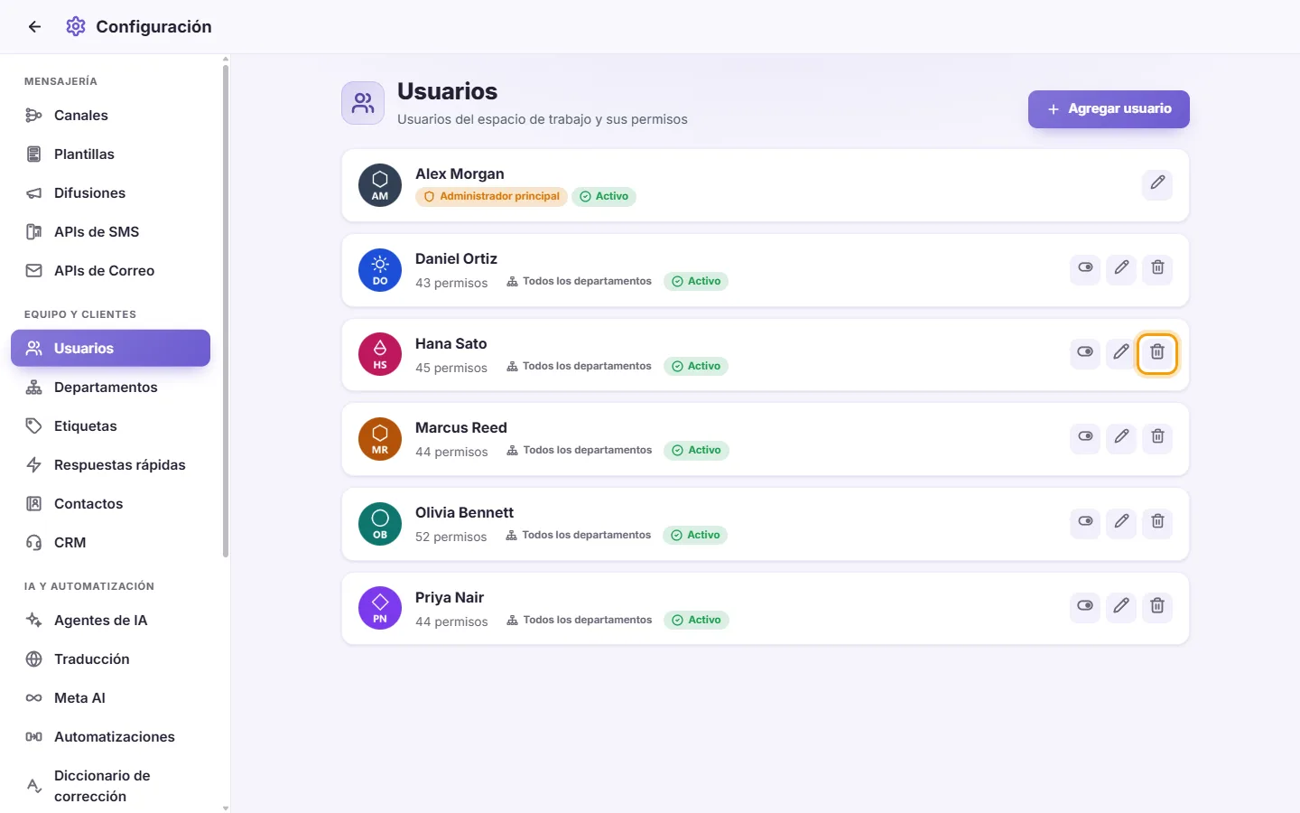 Settings, Users: the Delete button (the bin) on a user's card