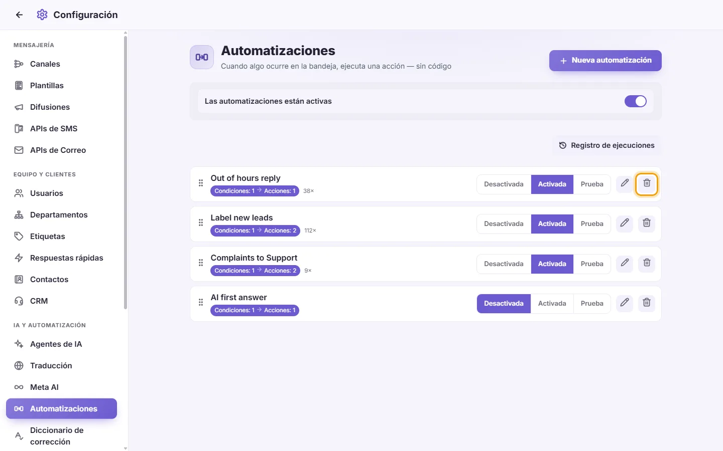 To delete an automation: "Delete" marked on the screen in SyBox