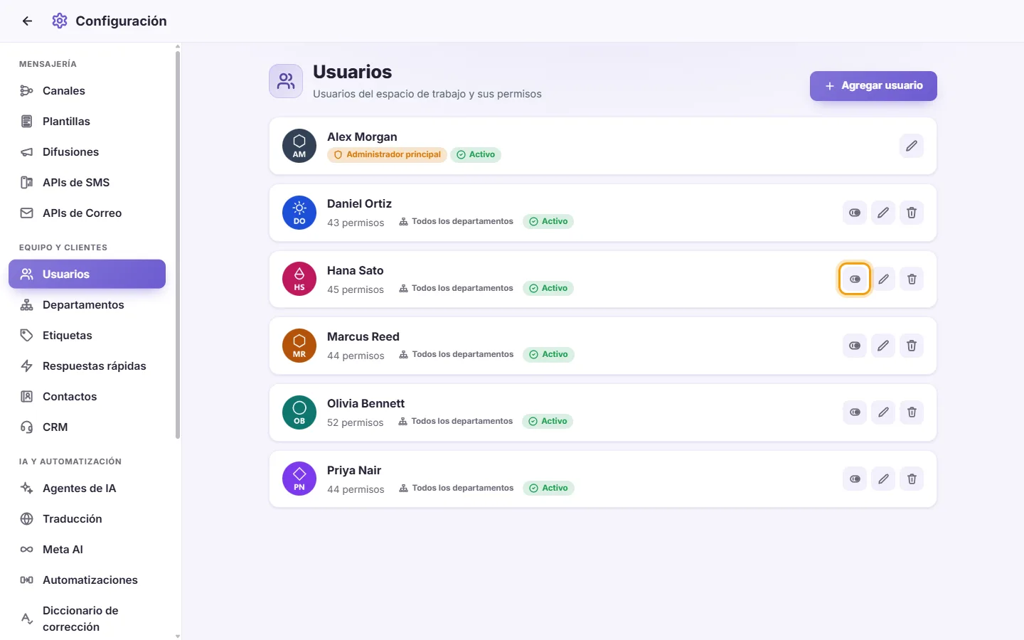 Settings, Users: the Enable / Disable switch on a user's card
