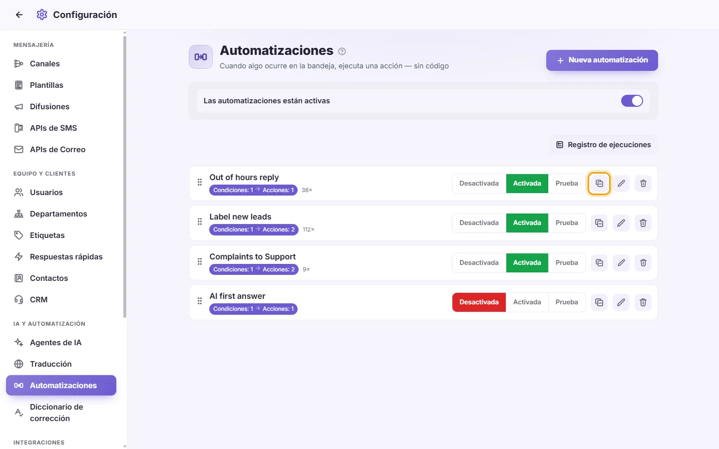 Settings, Automations: "Duplicate" (the copy icon) on an automation's row