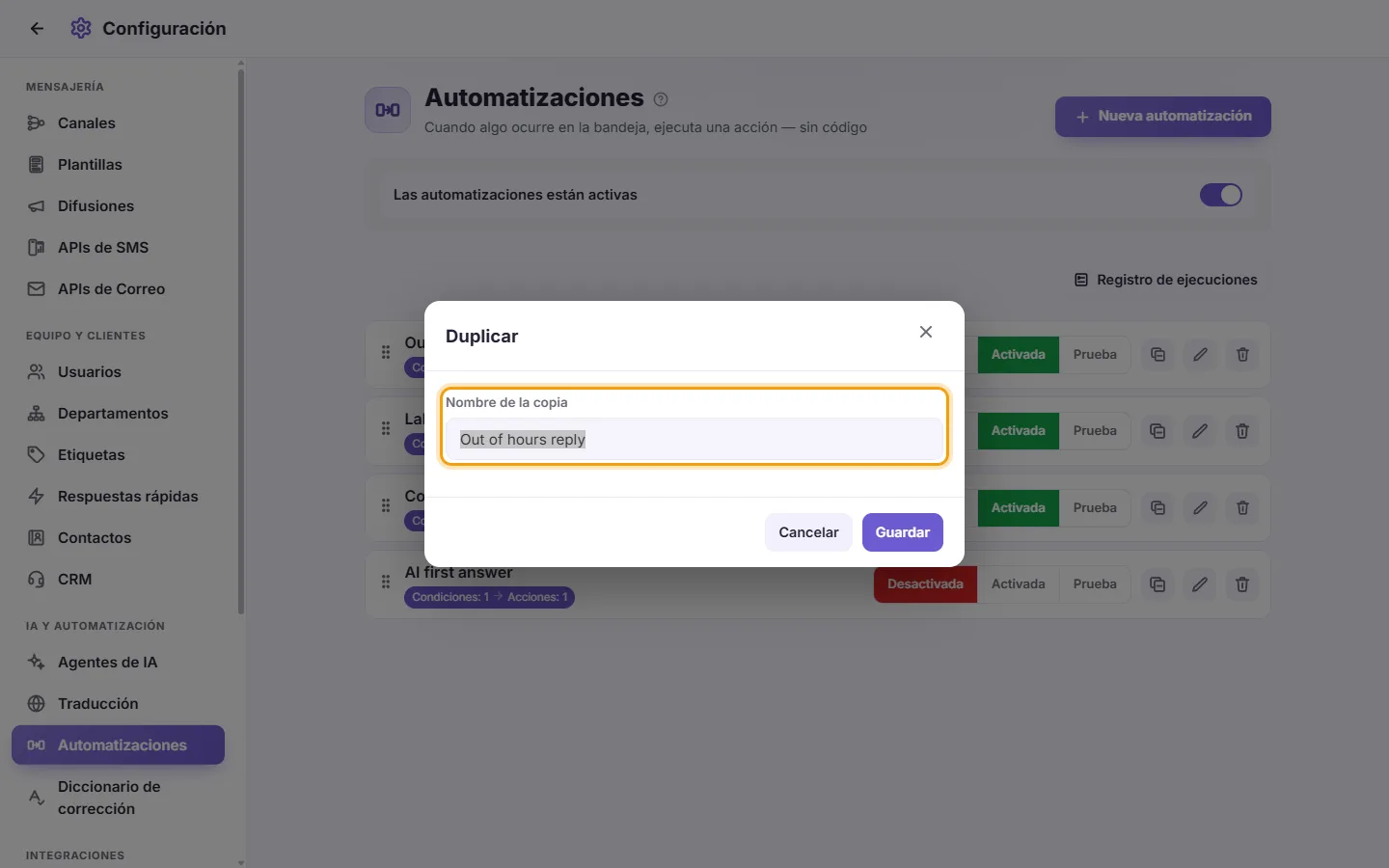The Duplicate window: "Name of the copy"