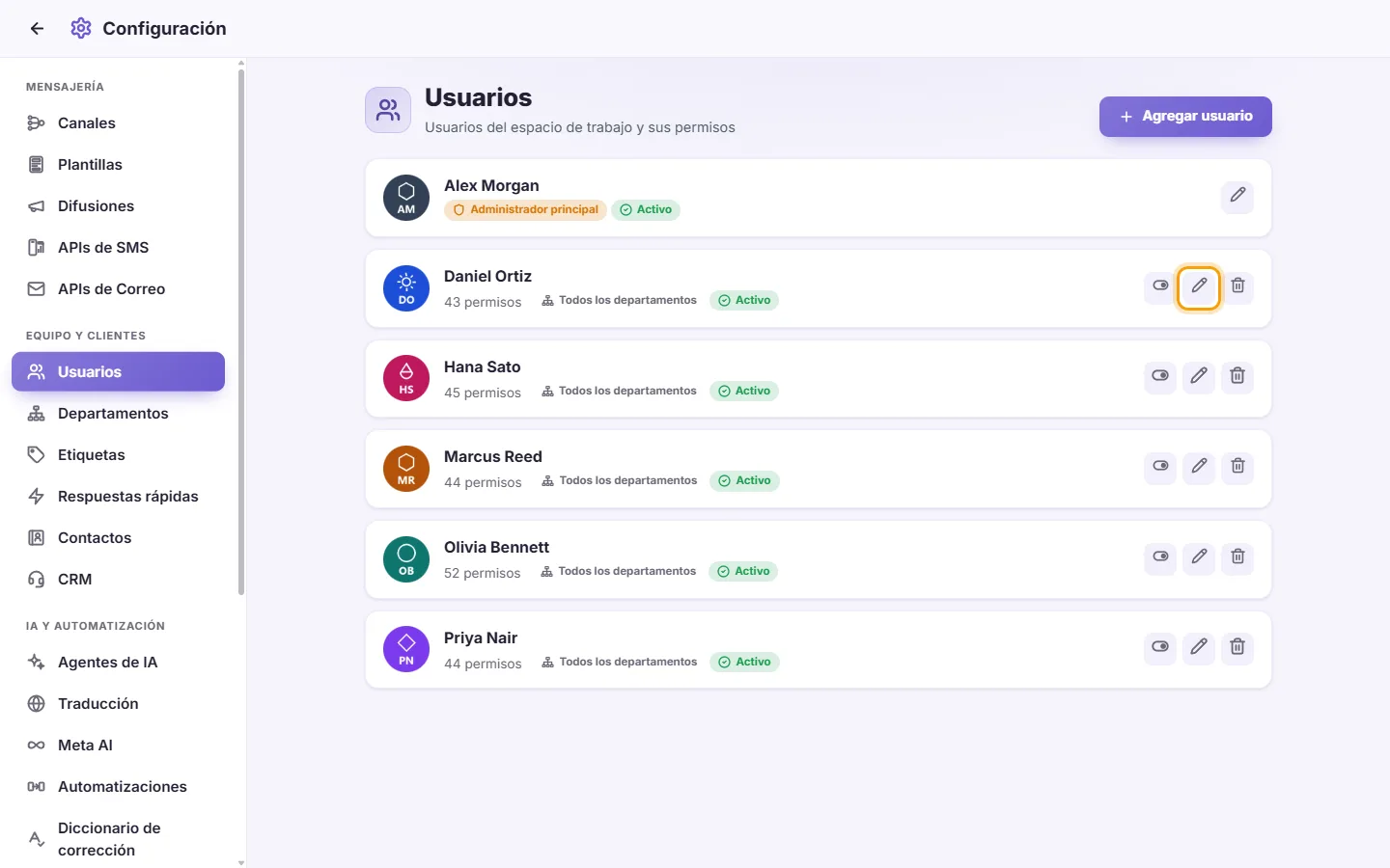 Settings, Users: the Edit button (the pen) on a user's card