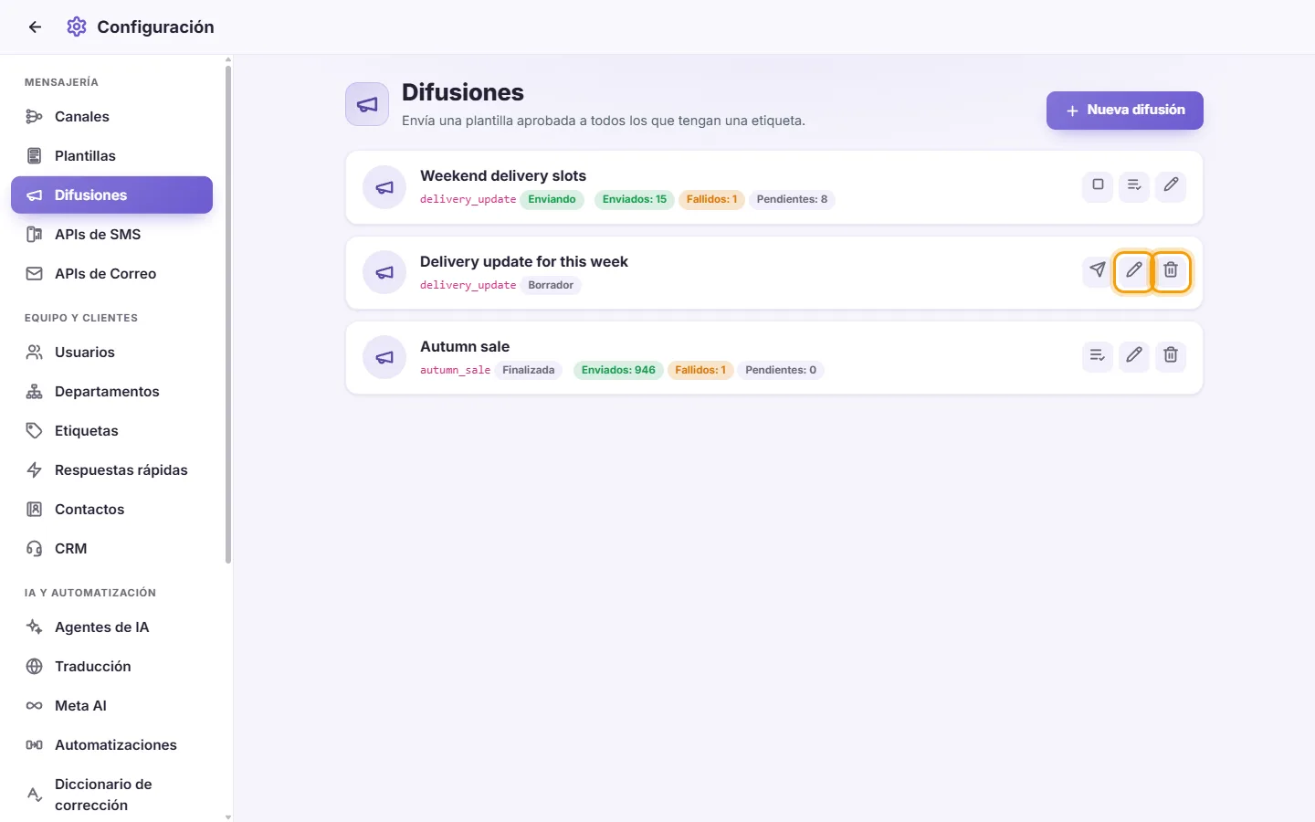 Settings, Broadcasts: a draft's Edit and Delete buttons (only a draft can be changed)