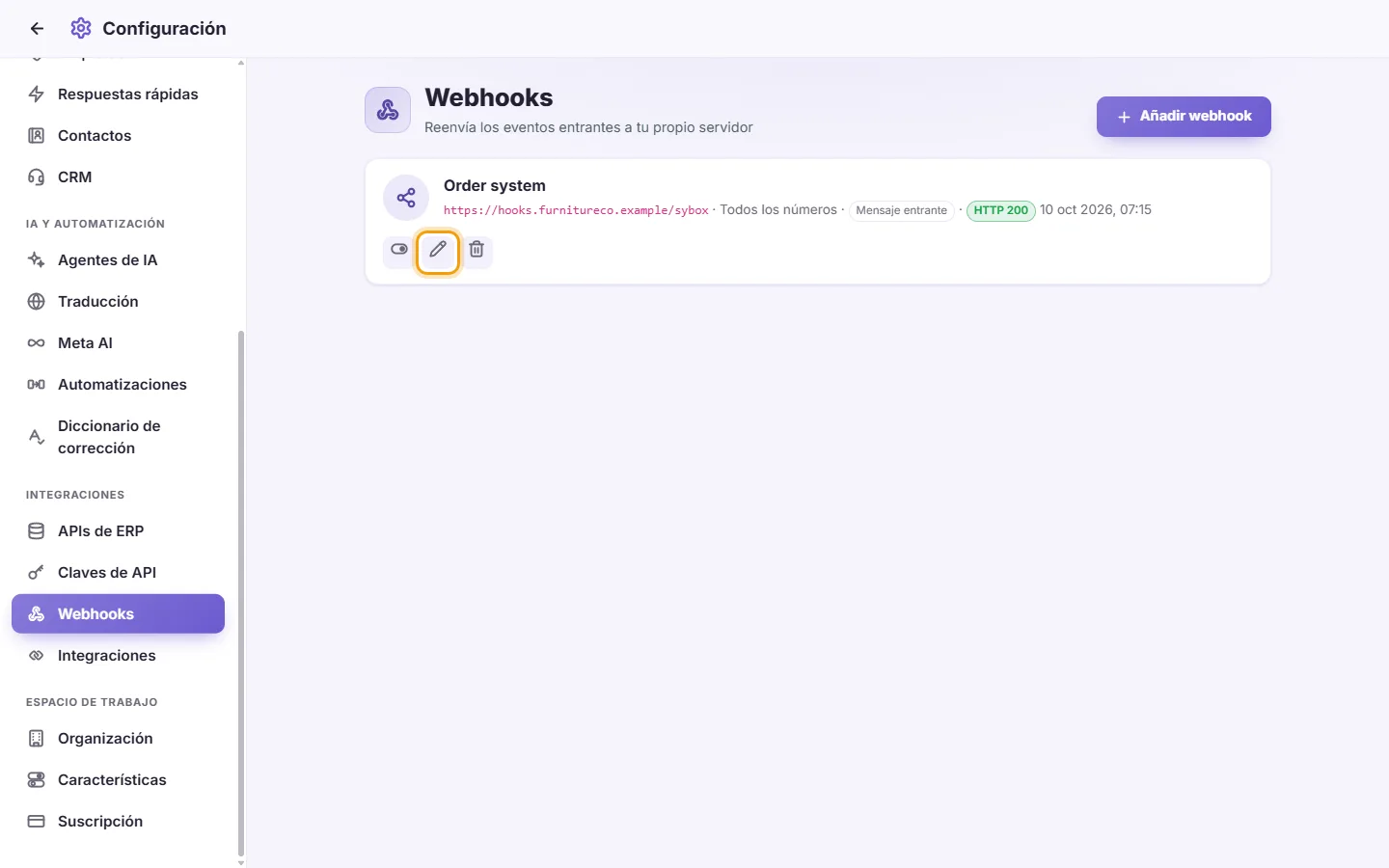 To edit, pause or delete a webhook: "Edit" marked on the screen in SyBox