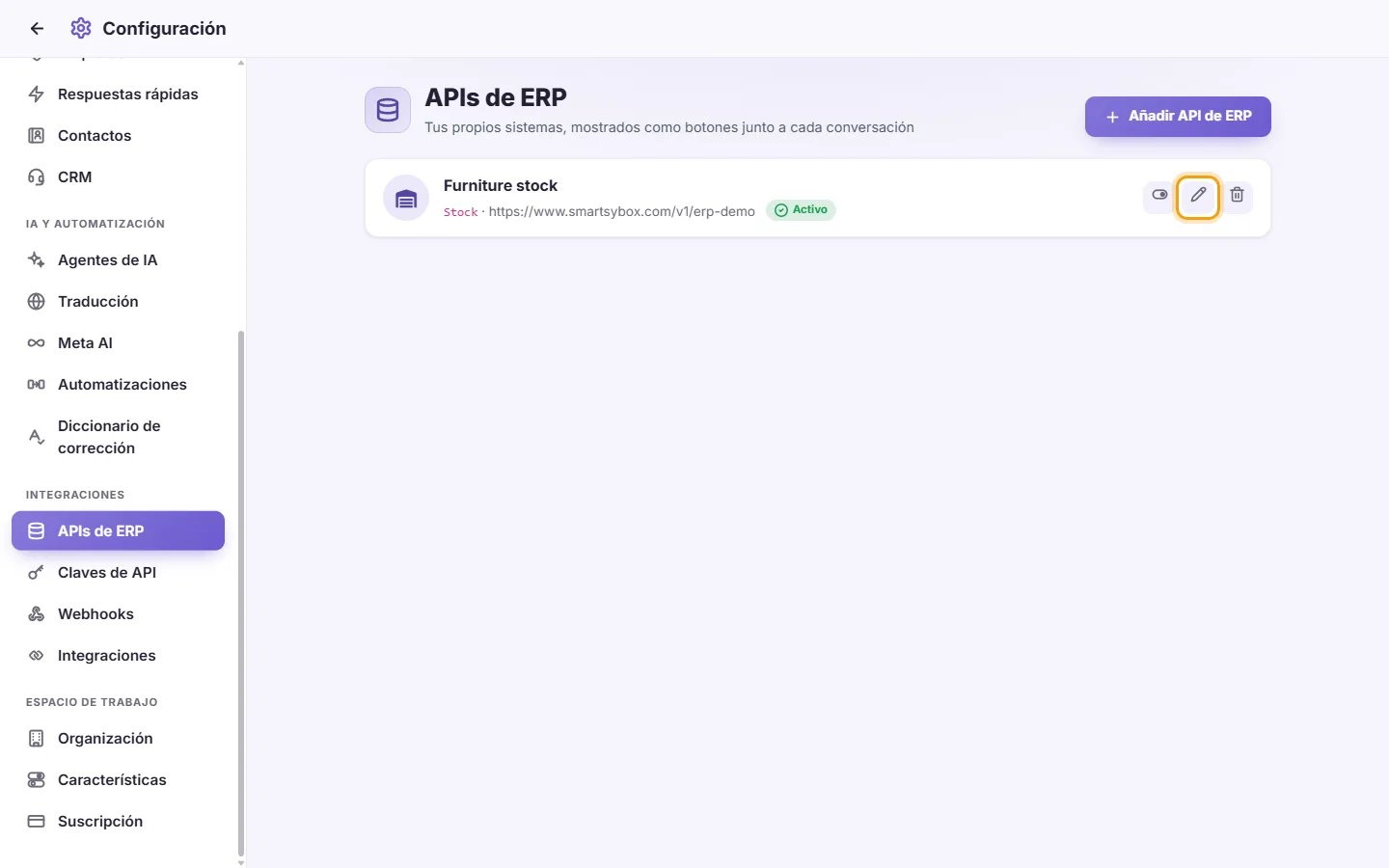 To edit, pause or delete an ERP API: "Edit" marked on the screen in SyBox