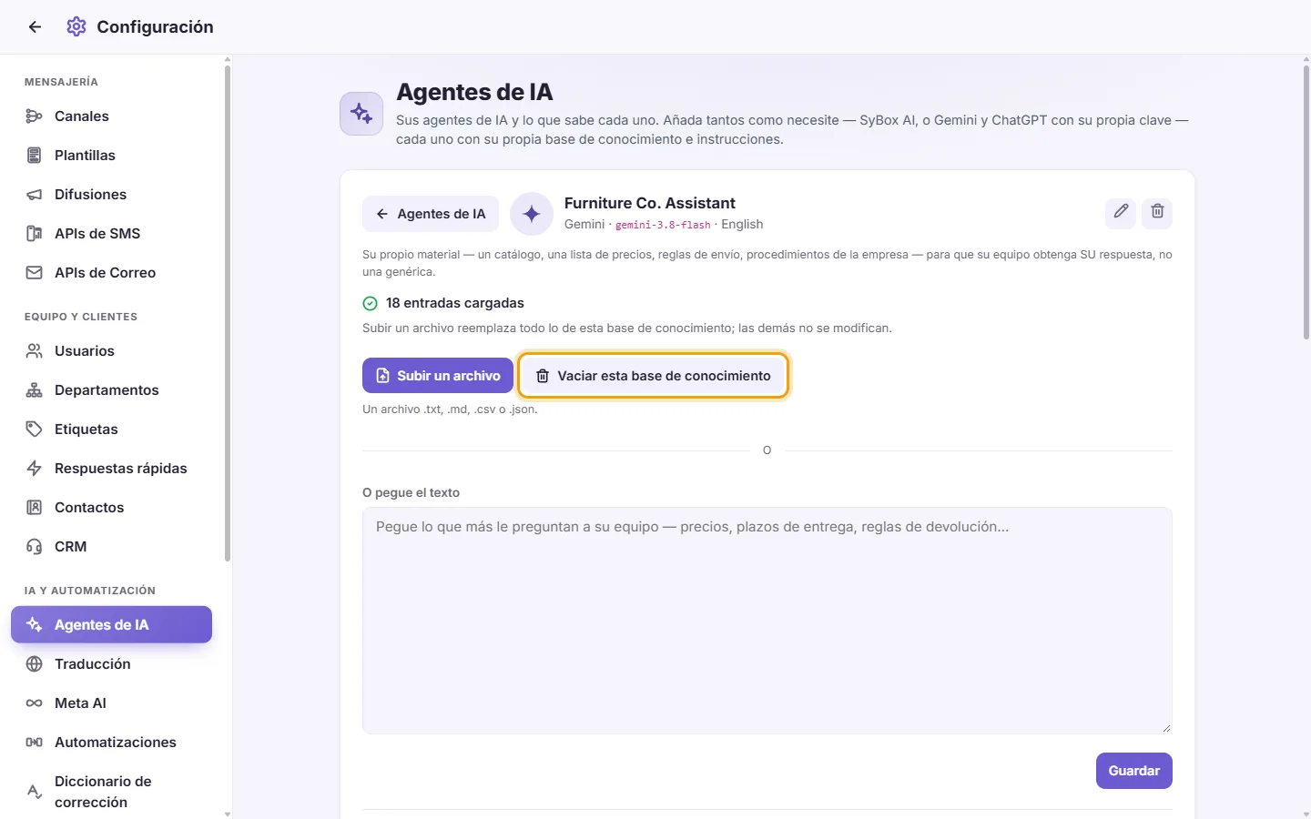 An agent's page: "Clear this knowledge base" (it works once something is loaded)