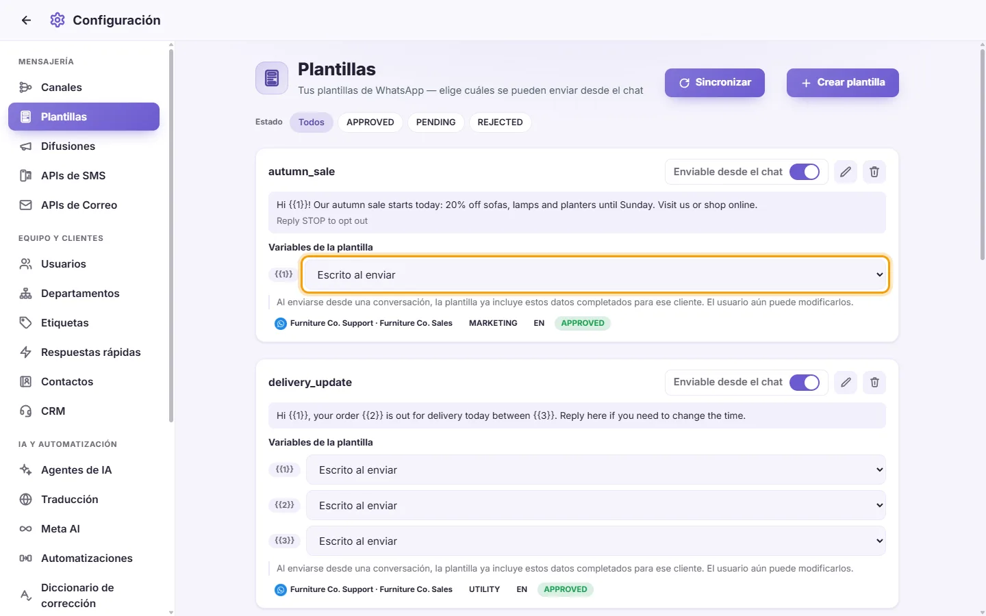 A template card: the source that fills {{1}} when the template is sent from a conversation